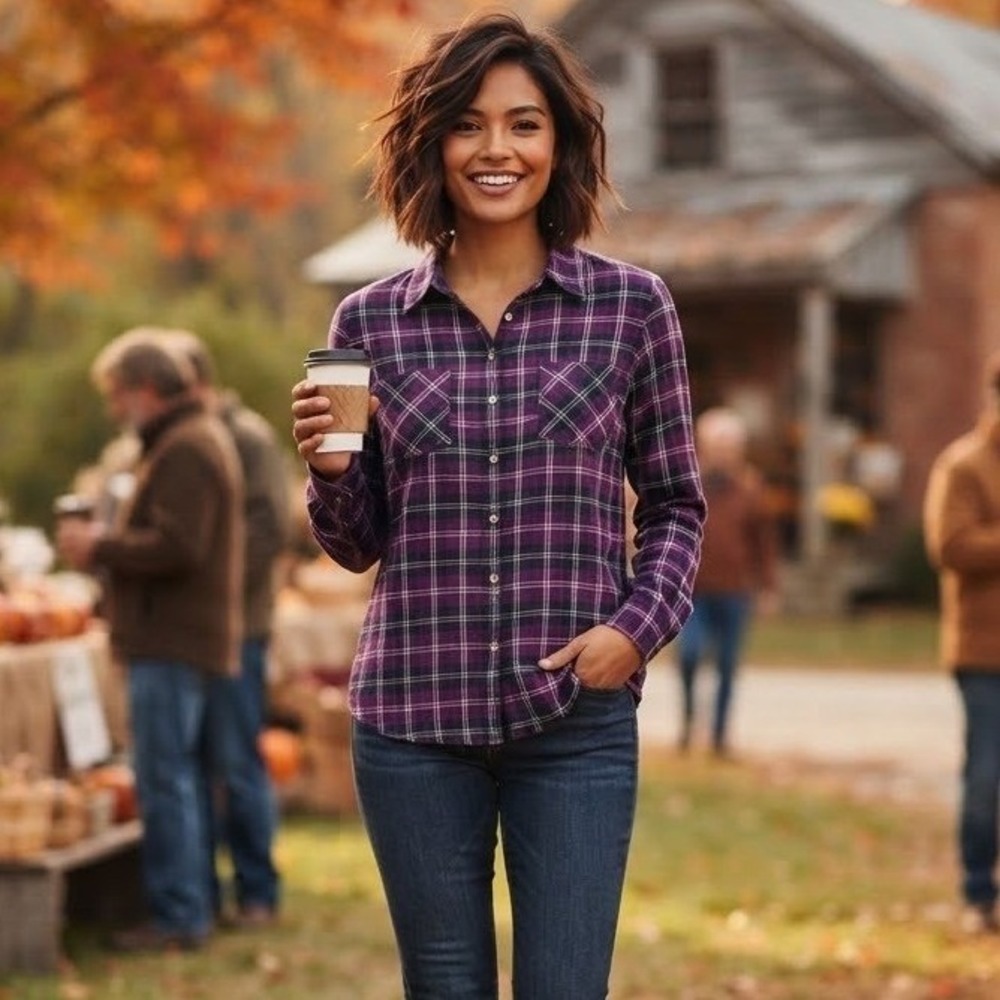 Natural Reflections Women Medium Purple Plaid Flannel Button Down Cotton Shirt